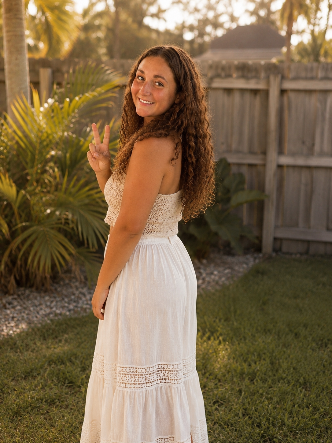 Ryann smiling outdoors in a cream lace dress